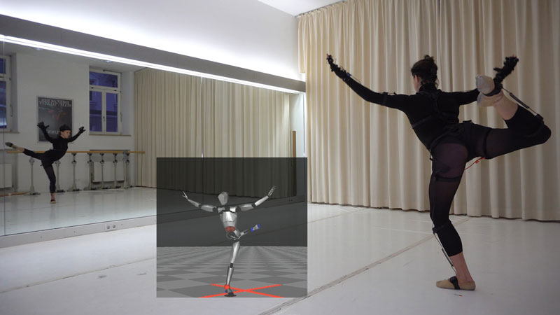 Dancer Zuzanna Zahradníková rehearsing for 'Scarbo' at the Heinz Bosl Foundation in Munich. A tracking suit was used to record her movements for the computer model animation.