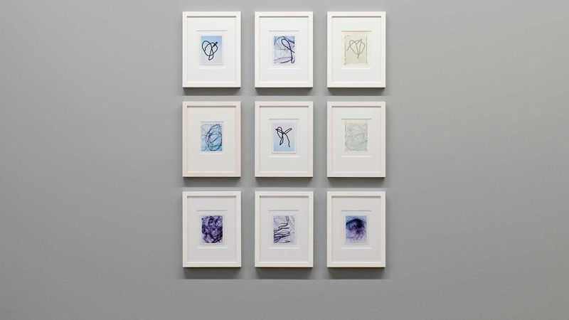 Cluster of nine Polaroids in the exhibition XX oder der 'Mummelsee in der Pfanne' , 2016.